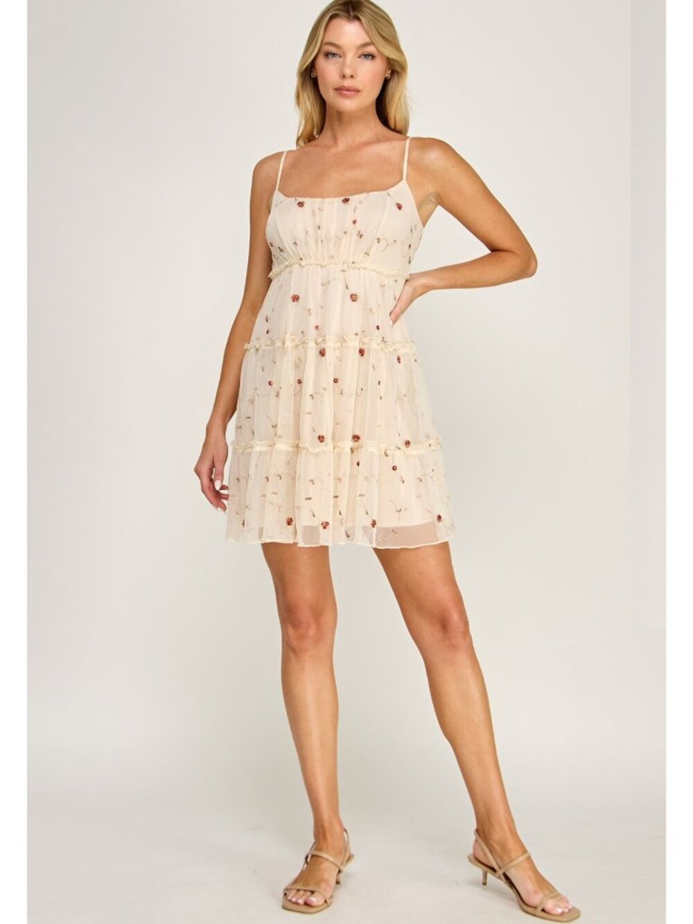 Embroidered Floral Mesh Tiered Dress With Adjustable Spaghetti Straps